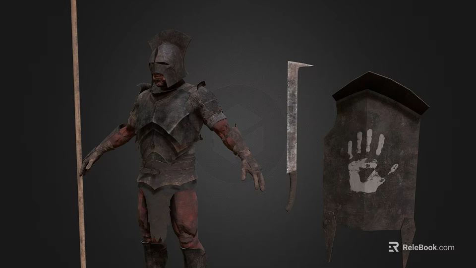 Man in ancient warrior armor with red stains holding spear beside sword and handprint shield 3d model 