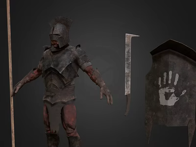 Man in ancient warrior armor with red stains holding spear beside sword and handprint shield 3d model