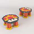 Lego Style Pixel Art Sofa Stools With Red Yellow Black Mushroom Pattern Tops 3d model