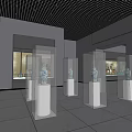 Museum Exhibition Hall With Glass Display Cases And Ceramic Vases On Pedestals
