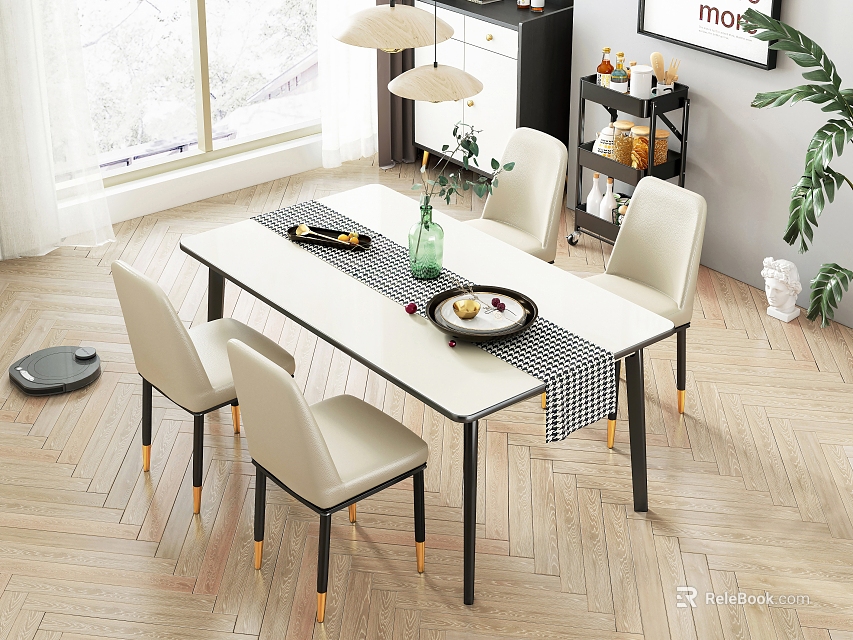 Dining Table Set with Chairs Vase Plates in Bright Room Natural Light Wooden Floor Plant 3d model 