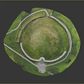 Cartoon Scene Of Round Fortress With Green Grass Pathway And White Circular Wall Entrance