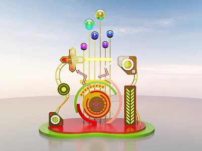 Colorful Decorative Sculpture With Spheres Track FAIR Sign Wheat Decor Green Base Red Platform 3d model