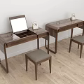 Two Piece Modern Wooden Dresser Set With Mirrors Photo Frames Glass Cups And Gray Stools