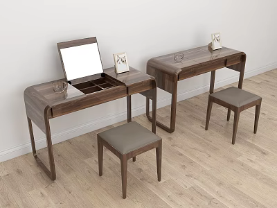 Two Piece Modern Wooden Dresser Set With Mirrors Photo Frames Glass Cups And Gray Stools 3d model