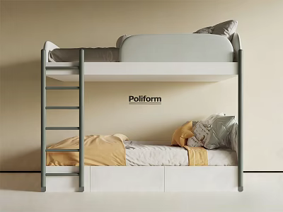 Poliform Bunk Bed With White And Gray Frame Ladder Yellow Bedding And Gray Pillows 3d model