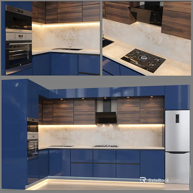 Modern Kitchen Interior With Blue And Wooden Cabinets Marble Countertop Oven And Refrigerator 3d model 