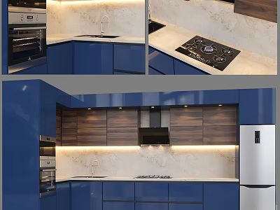 Modern Kitchen Interior With Blue And Wooden Cabinets Marble Countertop Oven And Refrigerator 3d model