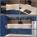 Modern Kitchen Interior With Blue And Wooden Cabinets Marble Countertop Oven And Refrigerator