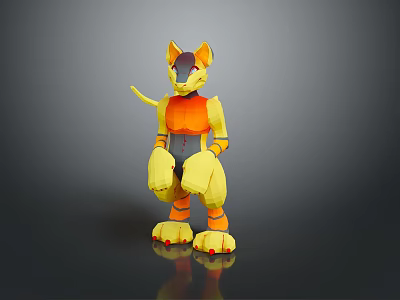 Low Poly Cat Robot 3D Model With Standing Pose Yellow Orange Body And Red Paws 3d model