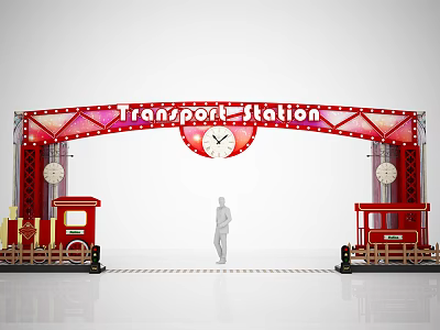 Red Transport Station Archway Featuring Clock Booths Striped Floor and Person Silhouette 3d model