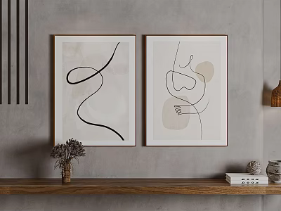 Abstract Paintings in Golden Frames with Black Curved Lines on Light Background and Gray Wall 3d model