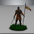 Knight In Red Armor Holding Flag And Sword Standing On Green Grass