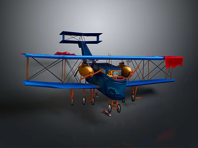 Vintage Blue Biplane with Orange Wings Red Accents and Yellow Engines Classic Design 3d model
