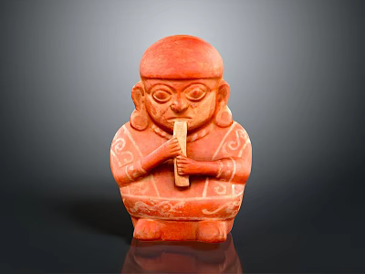 Red Ceramic Furniture Ornament With Carved Patterns And Musical Element 3d model