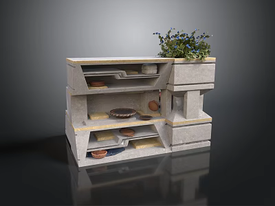 Gray Multi Tiered Cabinet With Open Shelves Dishes And Potted Plant On Top 3d model