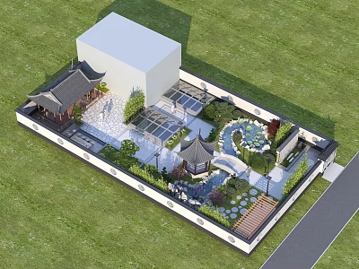 Traditional Courtyard Garden Design With Pavilion Pond Stone Path And Green Plants 3d model