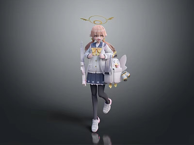 Long Pink Haired Game Character With Golden Halo School Uniform White Wings And Knee High Socks 3d model