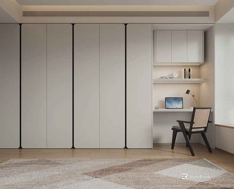 Modern Light Gray Sliding Door Wardrobe With Black Trim And Built-in Desk Area 3d model 