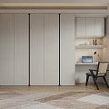Modern Light Gray Sliding Door Wardrobe With Black Trim And Built-in Desk Area