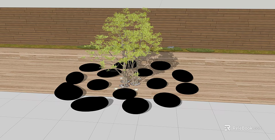 Green Plant Wall In Outdoor Area With Wooden Backdrop And Black Circular Stones 3d model 