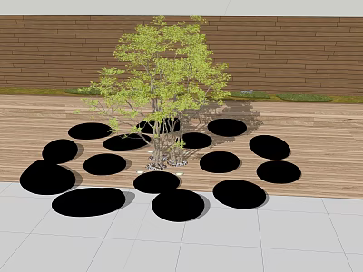 Green Plant Wall In Outdoor Area With Wooden Backdrop And Black Circular Stones 3d model