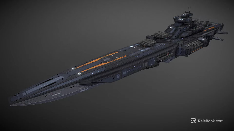 Futuristic Sci Fi Warship 3D Model With Black Hull And Orange Stripes 3d model 