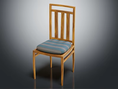Wooden Dining Chair With Vertical Slat Backrest Blue Striped Cushion And Sturdy Frame 3d model