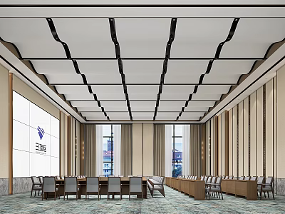 Modern Conference Room Interior With Black Linear Ceiling Large Screen Windows And Long Table 3d model