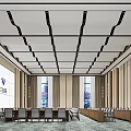 Modern Conference Room Interior With Black Linear Ceiling Large Screen Windows And Long Table 3d model