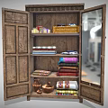 Rustic Wooden Wardrobe Interior With Open Doors Shelves Folded Towels Copper Containers And Mirror