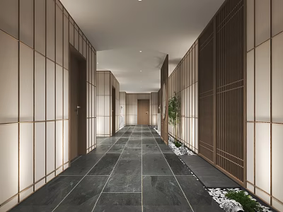Modern Office Corridor Interior With Wooden Panels Stone Flooring And Recessed Lighting 3d model