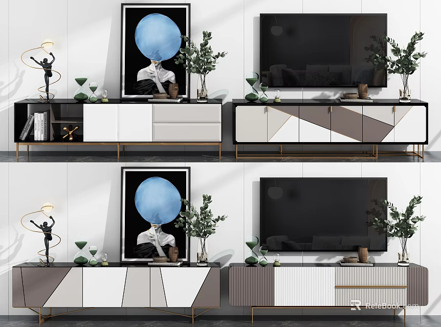 Stylish Modern TV Stand With Flat Screen TV Green Plants And Art Decor 3d model 