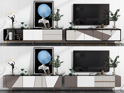 Stylish Modern TV Stand With Flat Screen TV Green Plants And Art Decor 3d model