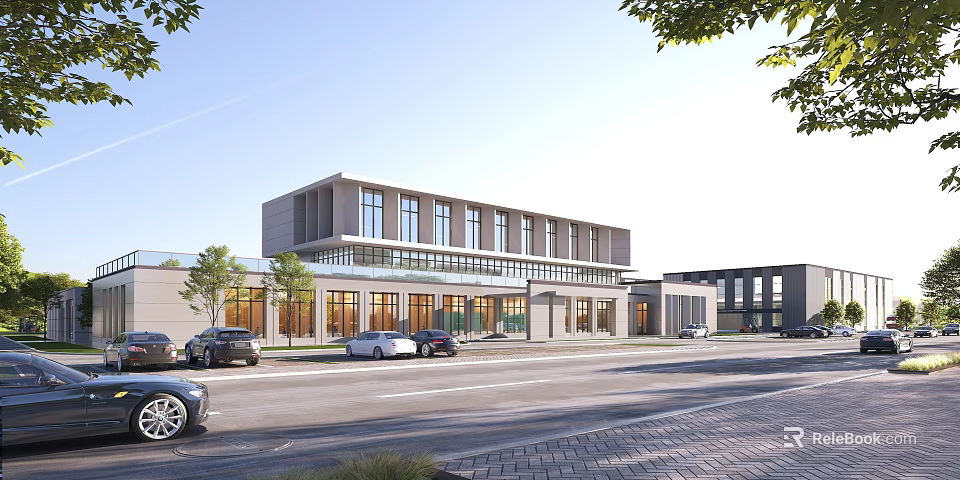 Modern Office Building Exterior With Large Glass Windows Trees And Parking Area 3d model 