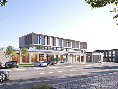 Modern Office Building Exterior With Large Glass Windows Trees And Parking Area 3d model