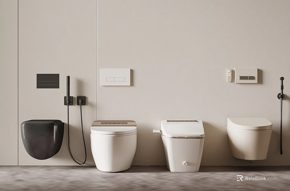 Modern Bathroom Toilet Collection Showcasing Black Wall Mounted And White Freestanding Designs 3d model 