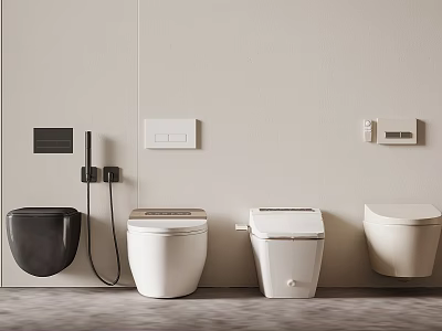 Modern Bathroom Toilet Collection Showcasing Black Wall Mounted And White Freestanding Designs 3d model