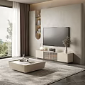 Modern TV Stand with Wall TV Arched Shelves Decor and Natural Light in Living Room