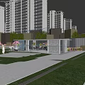 Modern Outdoor Pergola With Seating Area Among High Rise Buildings And Autumn Trees