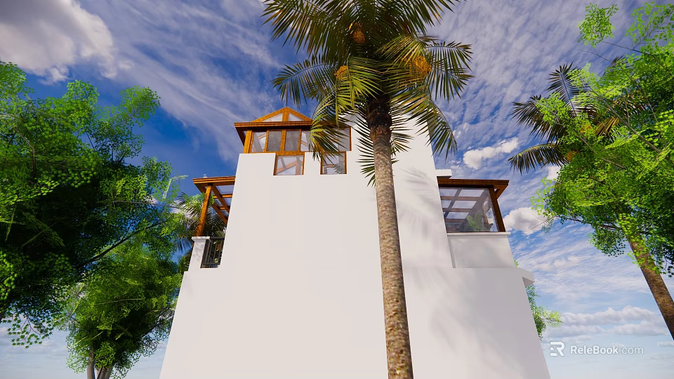 Tropical White Detached Villa With Palm Trees Greenery And Blue Sky 3d model 