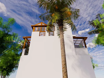Tropical White Detached Villa With Palm Trees Greenery And Blue Sky 3d model