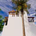 Tropical White Detached Villa With Palm Trees Greenery And Blue Sky