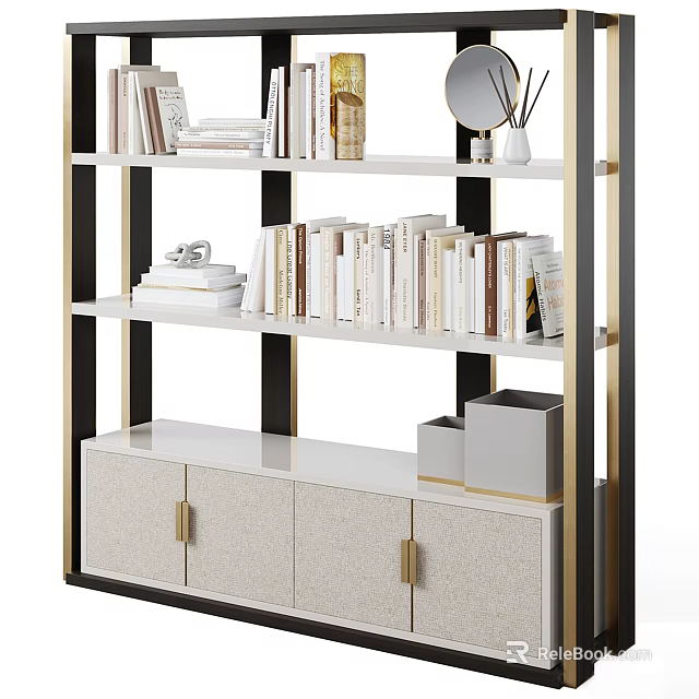 Modern White Bookcase With Gold Accents Multi Tiered Shelves And Storage Cabinets 3d model 