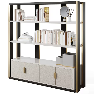 Modern White Bookcase With Gold Accents Multi Tiered Shelves And Storage Cabinets 3d model