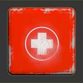 Red Industrial Equipment Box With White Cross Symbol And Worn Surface For Workplace Safety