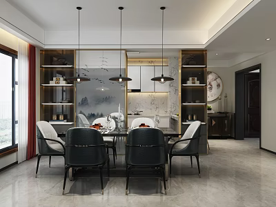 Modern Restaurant Interior Design With Dining Table Chairs Hanging Lights And Decorative Wall 3d model