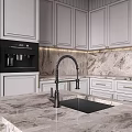 Modern White Kitchen Cabinets With Marble Countertop Island And Striped Backsplash
