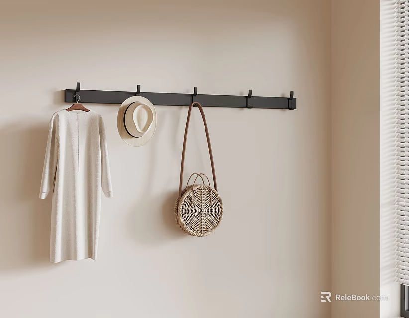 Minimalist Wall Hook Rack With White Dress Hat And Woven Bag 3d model 