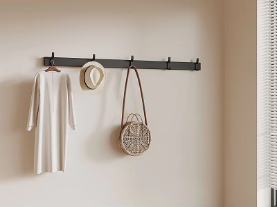 Minimalist Wall Hook Rack With White Dress Hat And Woven Bag 3d model